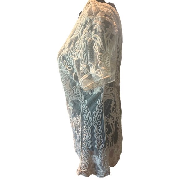 Dulcie Sheer Lace Short Sleeved Top M Embroidered Sheer Boho Coquette mesh - Picture 2 of 9